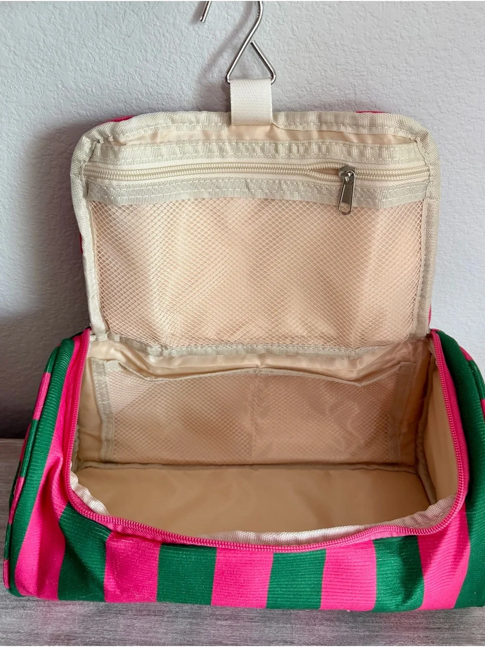 Hot Pink Green Striped Zip Large Handle Canvas Cosmetic Bag Tote Case Pocket
